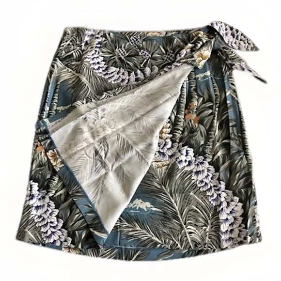 Tiki Classics 100% Silk Wrap Skirt Tropical Print Womens Size Medium Blue Black - Picture 2 of 6